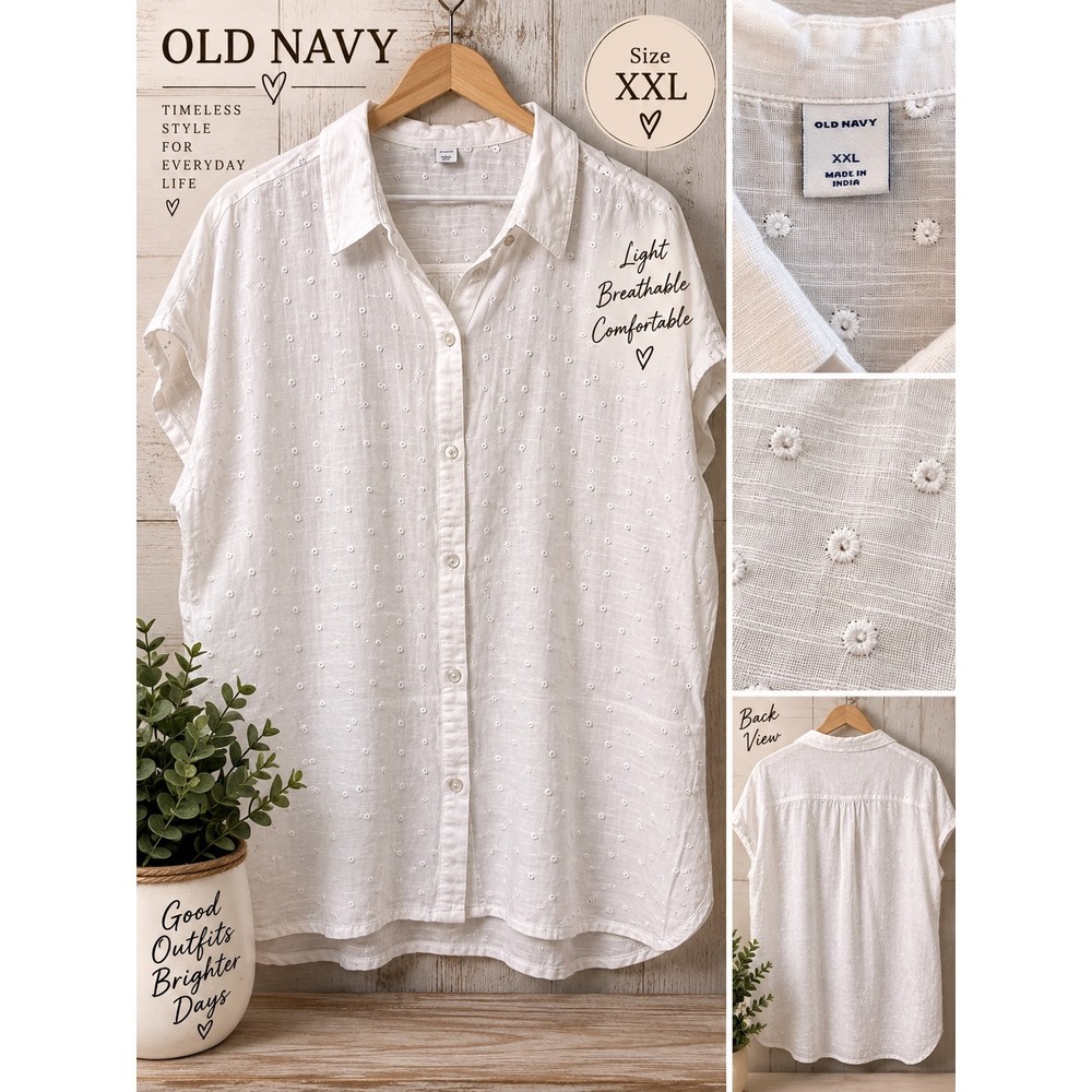 Old Navy Womens XXL White Embroidered Eyelet Short Sleeve Button Down Shirt